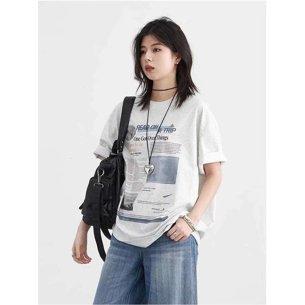 CHIC VEN Women T-Shirts New Retro Round Neck Newspaper Print Short Sleeve Tees Loose Female Top Summer 2024
