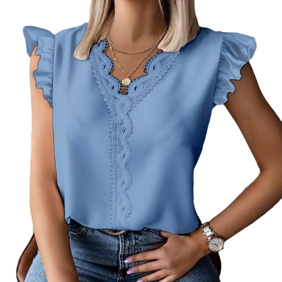 2024 summer ruffled simple V-neck lace patchwork loose shirt for women