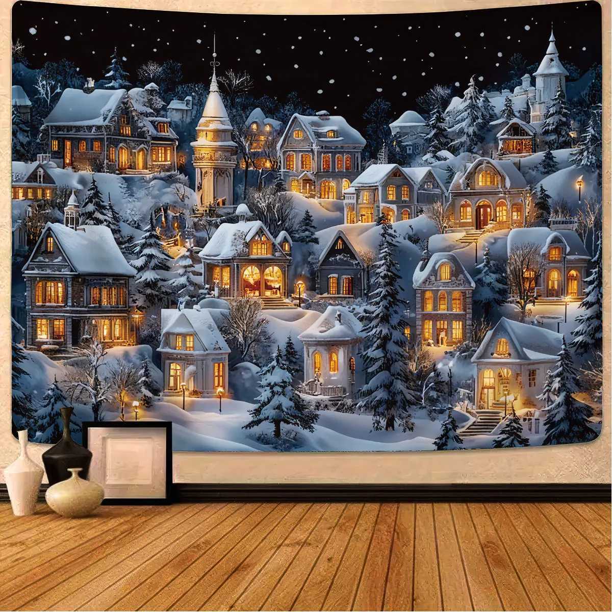 1pc Christmas Eve Snowscape Town Print Tapestry Living Room Wall Decoration Background Cloth Machine Washable Space PendantM251125