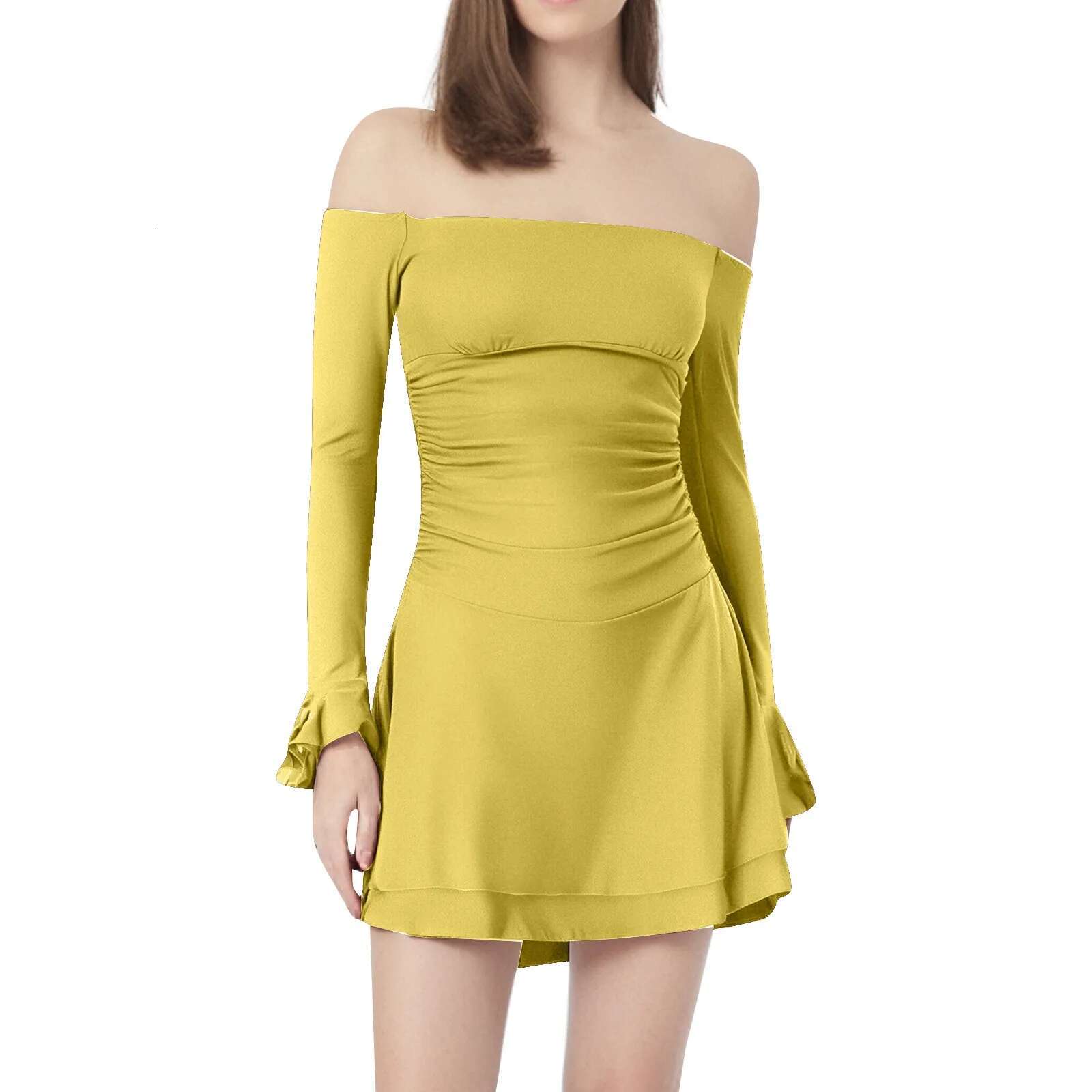 Dongdumaoyi Womens Elegant Off Shoulder Dress Fashion Layered Ruffled Flare Long Sleeve Solid Color Ruched Slim Short Mini A Line