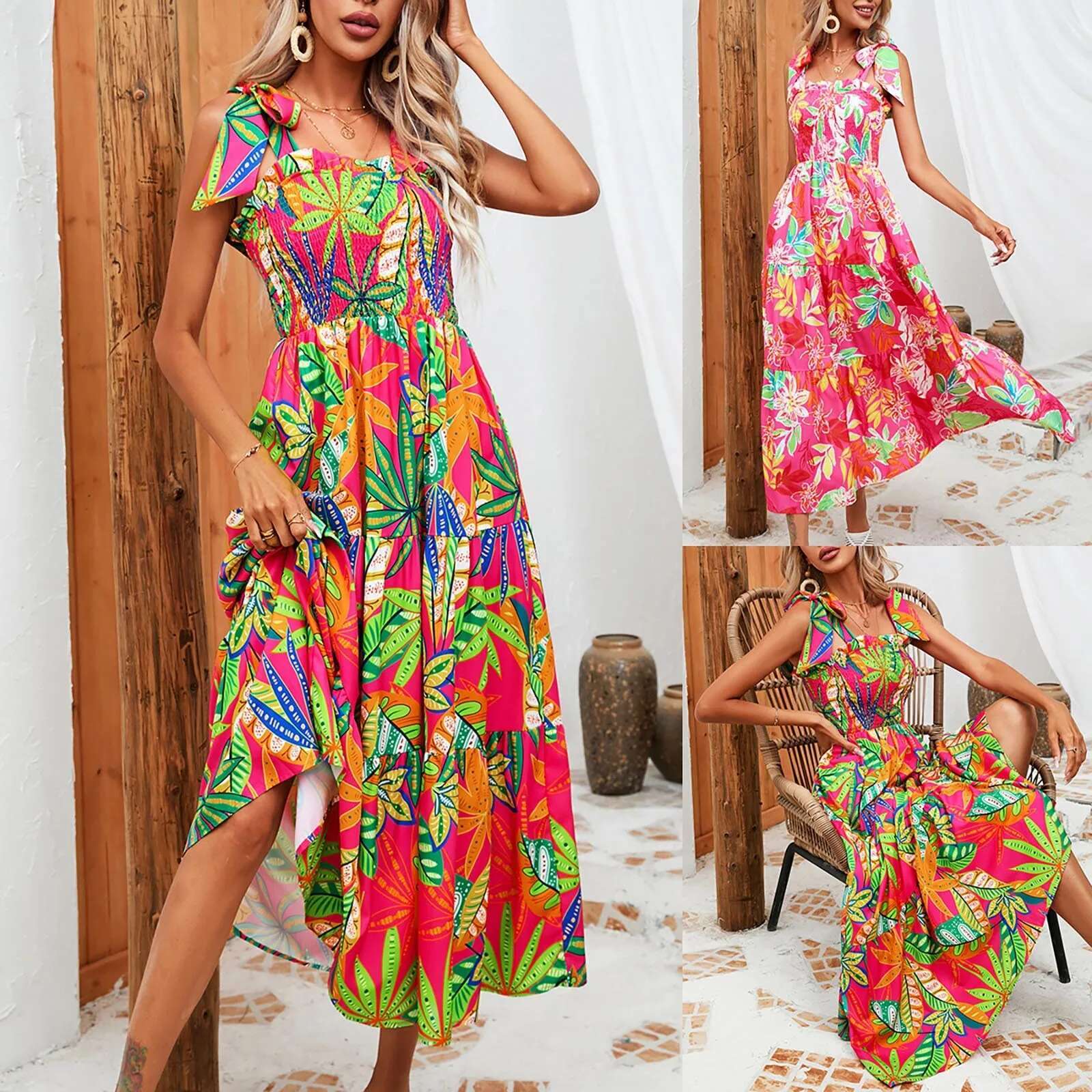 Dongdumaoyi Summer Vacation Spaghetti Strap Long Dress Women Sleeveless Ruched Elastic Backless Floral Print Beach Sundress Vestidos