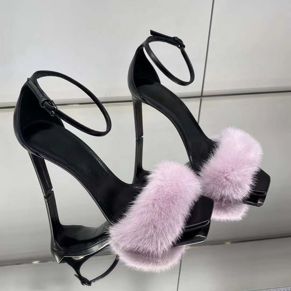 Top quality luxury mink fur Mao stiletto sandals Mule slippers Ankle Strap Bridal Wedding Dress Shoes women's Fashion high heeled Evening Party shoes with box