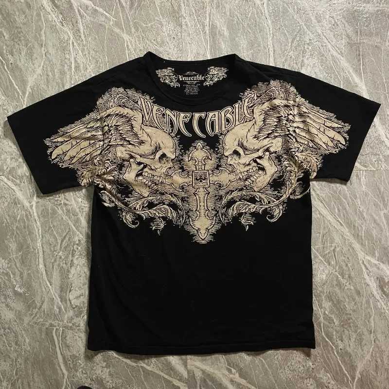 Gothic Dark Devil Graphic Print O-neck Short sleeved T-shirt for Mens 2025 Summer New Comfortable Punk Rock Casual Retro Pocket Top W250425