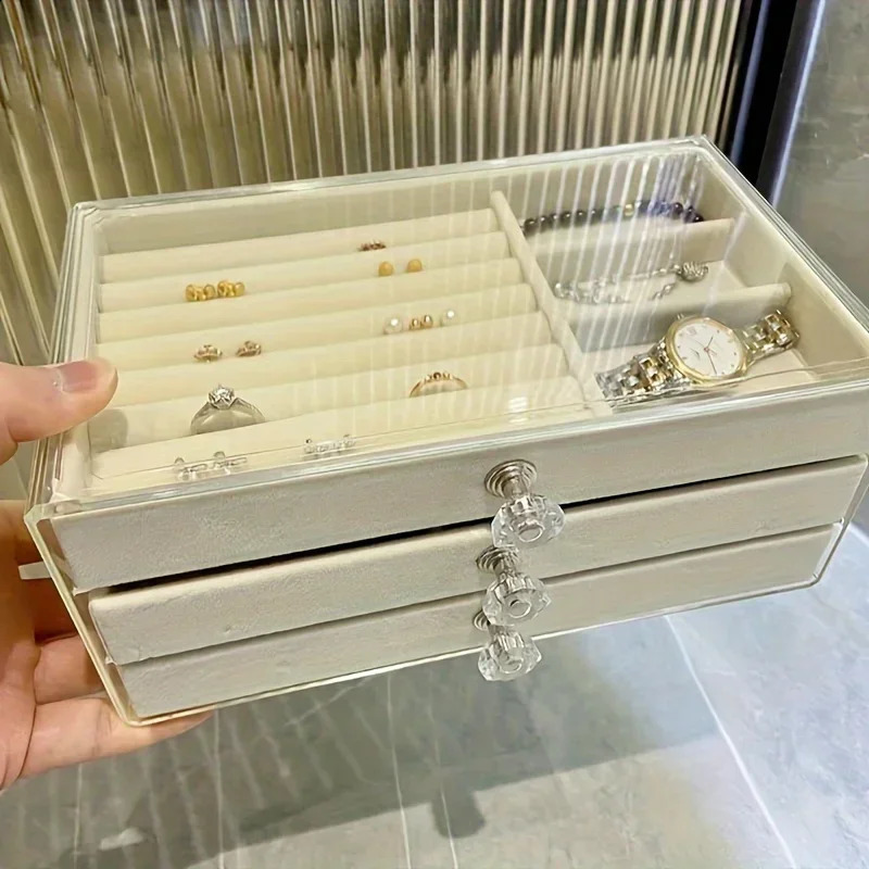 -3Tier Dust-Proof Acrylic Jewelry Organizer Box Elegant Modern Rectangular Tabletop Display Case jewelry boxes 250424