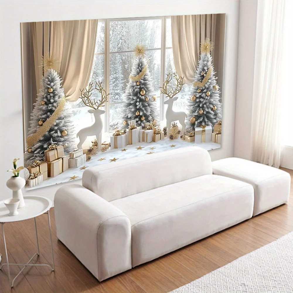 VIKAMA American Christmas Tapestry Snow Forest Window View Reindeer Christmas Tree Living Room DecorationM251125