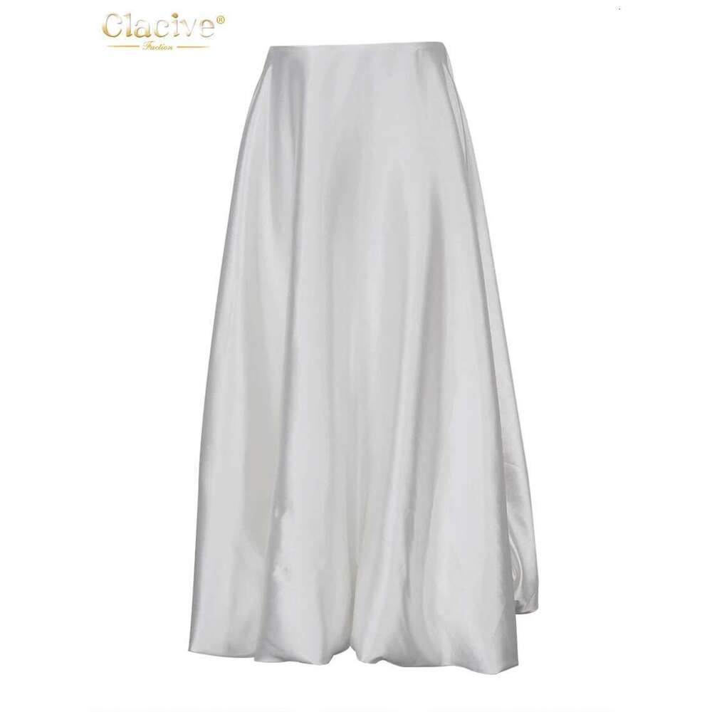 Clacive Fashion Beige Satin Skirts For Women Elegant High Waist Office Lady Ankle-Length Casual Loose Skirt Female Clothes