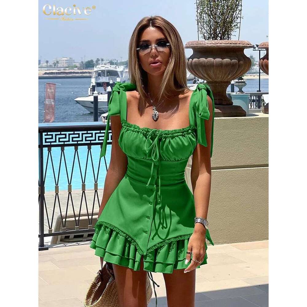 Clacive Fashion Slim Black Women's 2024 Summer Strap Sleeveless Mini Dress Elegant High Waist Pleated Party Dresses Female