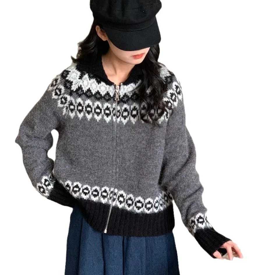 Women Print Knit Sweater Zipper Cardigan Turn Down Collar Full Sleeved Jumpers Sweaters Casual Splice Streetwear ThickT251125