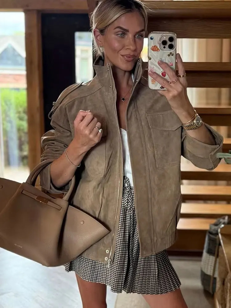 HH Retro Suede Textured Leather Jackets For Women Autumn Street Fashion Coats Solid Long Sleeves High Neck Causal Outerwear 251124