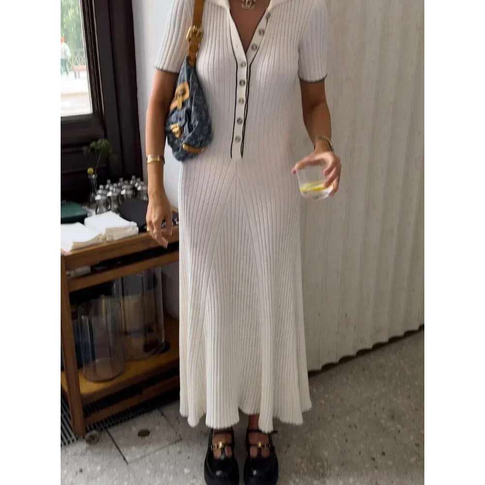 White Knit Fashion Maxi For Women Short Sleeve Patchwork Elegant Party Lapel High Waist Knitwear Women's Dress