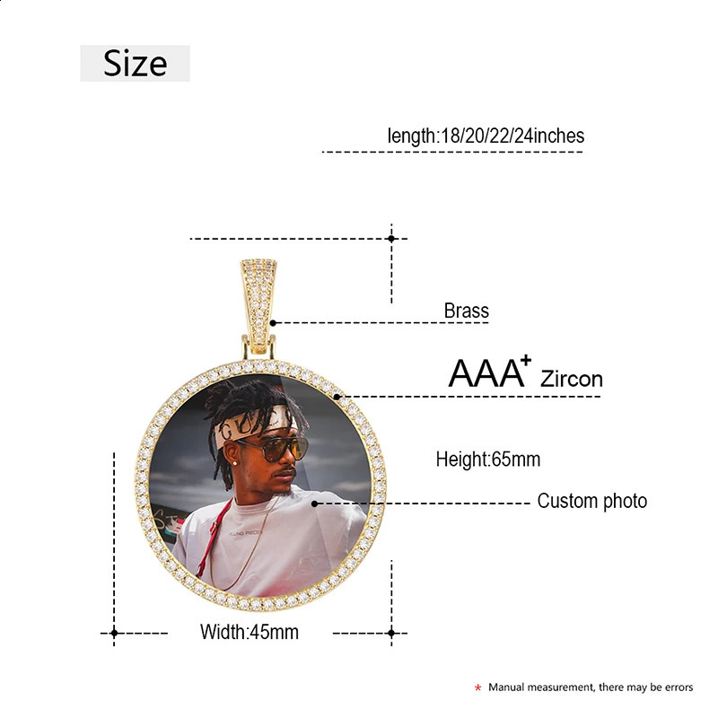 Custom Po Big Size Round Pendant Necklace Personality Mens Cubic Zircon Hip Hop Jewelry 4mm Tennis Chain Gold Silve Gift 250425