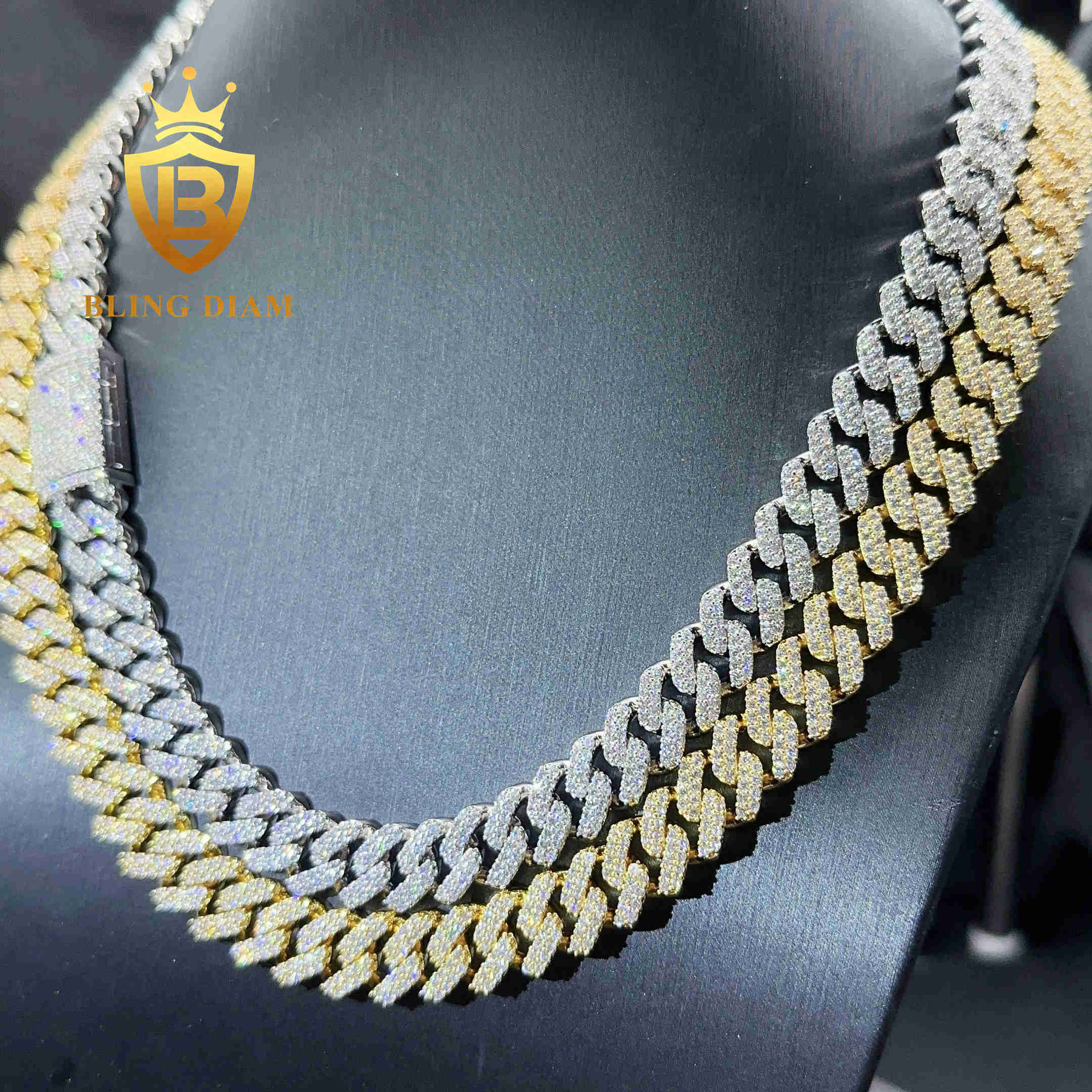 Fine Jewelry Hiphop 13mm Gold Plated Iced Out Brass 2 Rows 5a+ Moissanite Diamond Cuban Link Chain Moissanite Miami Necklace