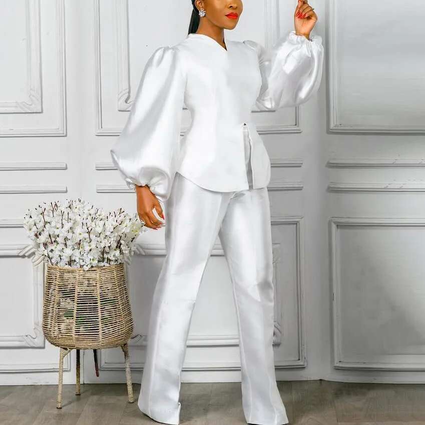 Elegant Office Ladies 2 Pieces Pants Solid Satin Blouse & Long Trousers Straight High Quality Female Outfits Sets