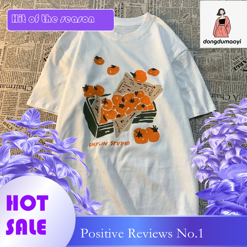 Dongdumaoyi Original Box Of Orange American Retro Fun Print Women Plus Size T Shirt Loose Pure Couple Short Sleeve Fashion