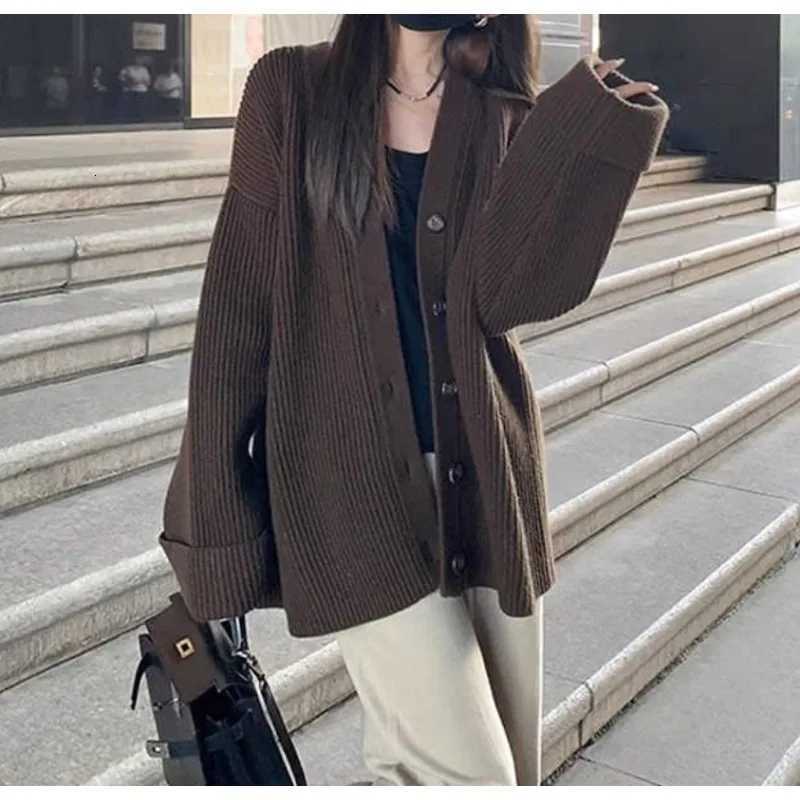 V-neck Single Breasted Simple Retro Solid Color Loose Fit Womens Knitted Cardigan Autumn and Winter Versatile New Sweater CoatT251125