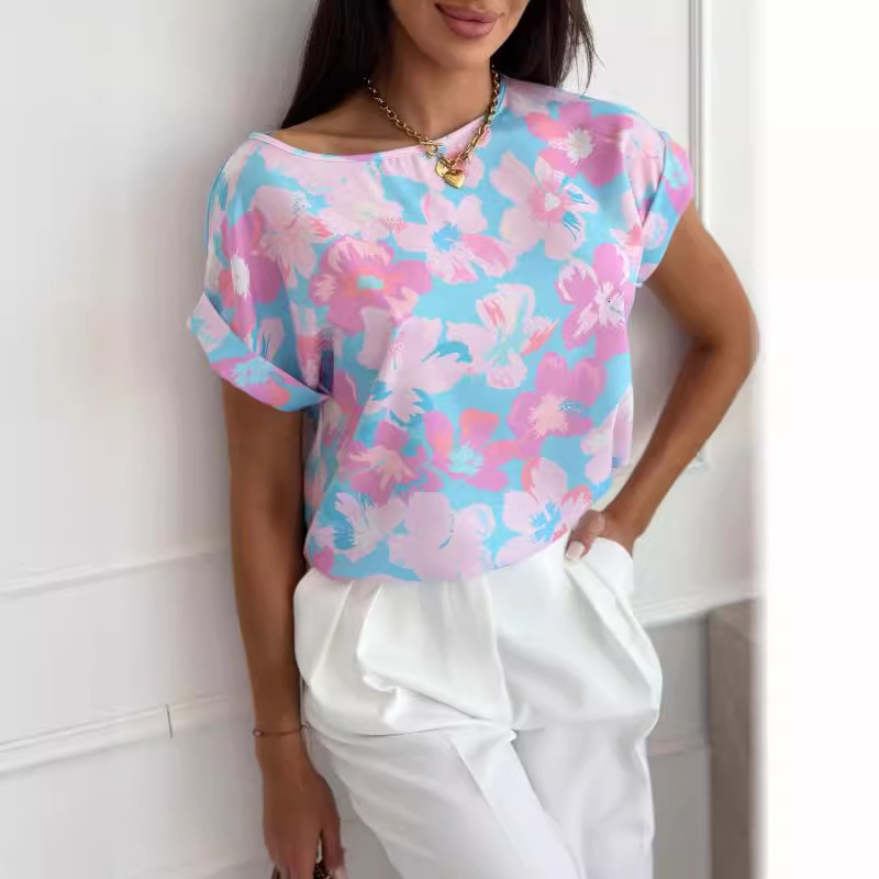 2024 Summer Simple Fashion Printed Round Neck Loose Shirt Womens Top