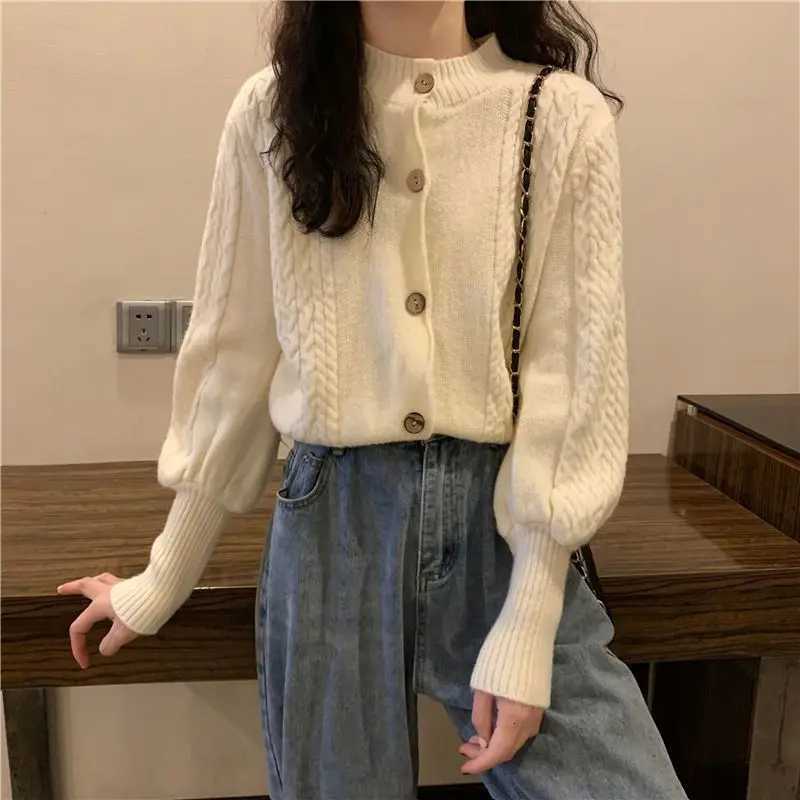New Spring and Autumn New Bubble Long Sleeve Fried Dough Twists Sweater Cardigan Loose Top Short Knitted Coat WomenT251125