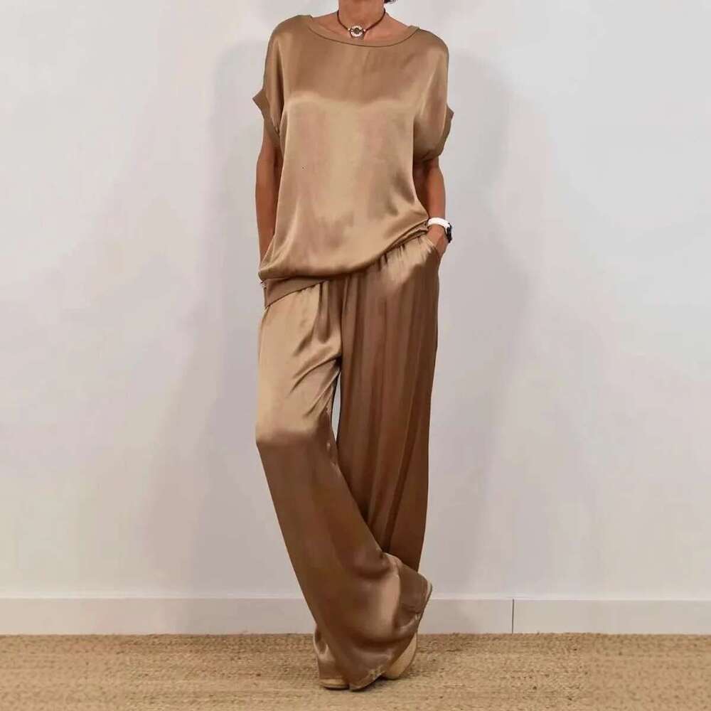 Women Satin Two Piece Sets O Neck Bat Sleeve T Shirts With Wide Leg Pants Suit Summer Elegant Casual Vintage Outfits Cothing