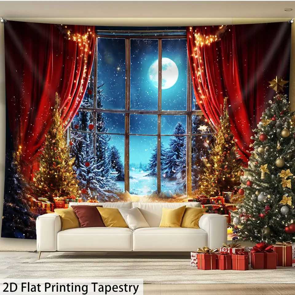 Winter Snow Window Tapestry Red Gold Christmas Tree with Twinkling LightsFestive Wall Art for Bay Window and Living Room DecorM251125