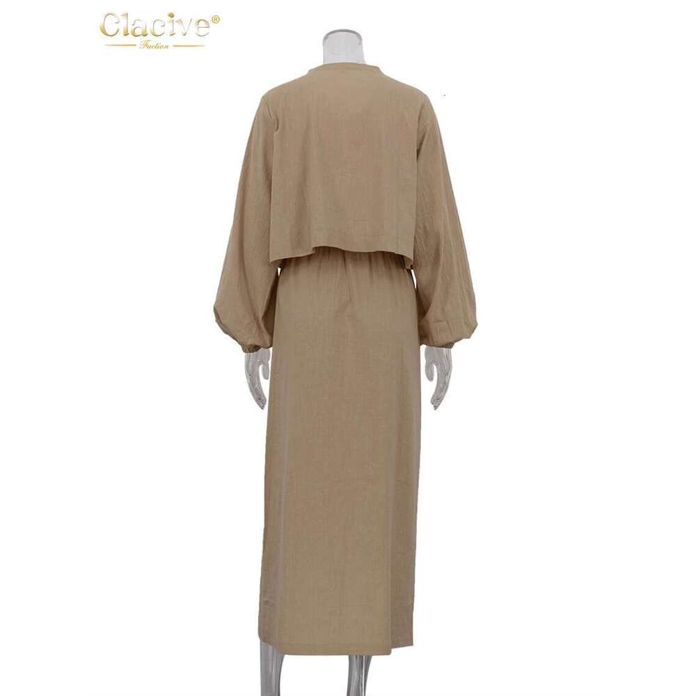 Clacive Casual Loose Khaki Cotton 2 Piece Sets Women Outfit Fashion Puff Sleeve Lace-Up Shirt With High Waist Long Skirts Set