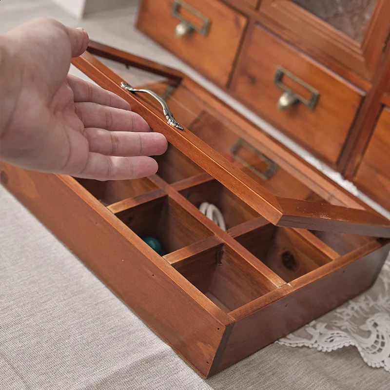 Vintage solid wood jewelry box Desktop storage box Wooden jewelry box play lattice storage box lattice glass cover wooden box 250424