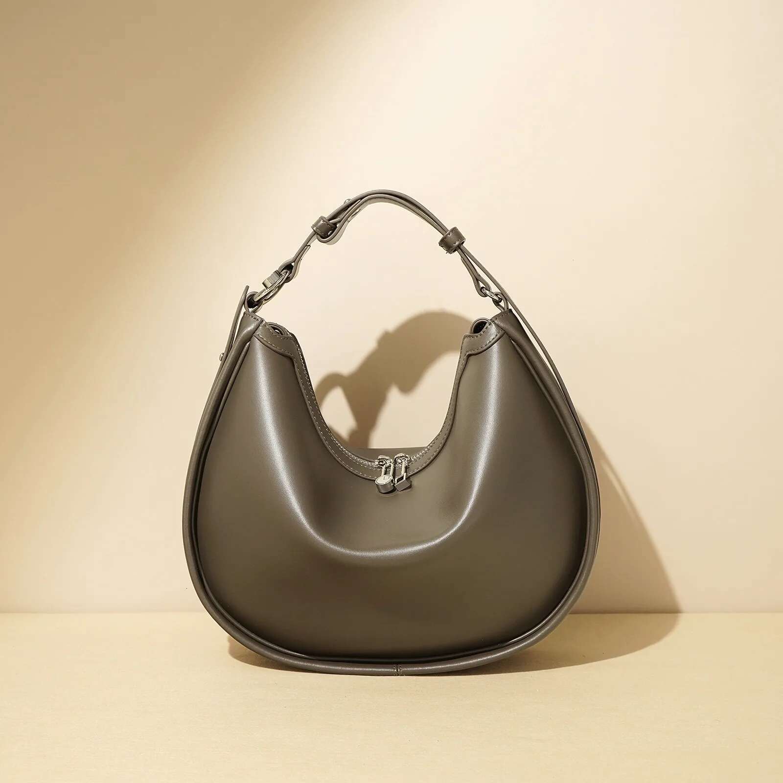 Zency Women's Genuine Leather Shoulder Hobo Bag 2025 Designer Handbag Roomy Pockets For Girls Wife Lover Khaki Grey