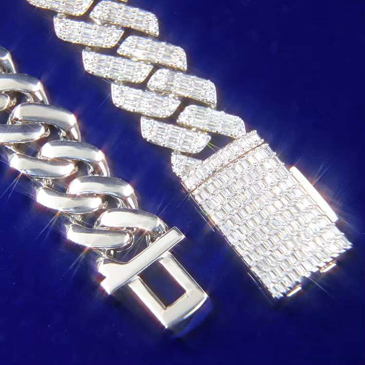 Solid Silver 19mm Wide GRA Baguettes Moissanite Diamond Cuban Link Chain for Mens Rapper Hip Hop Necklace