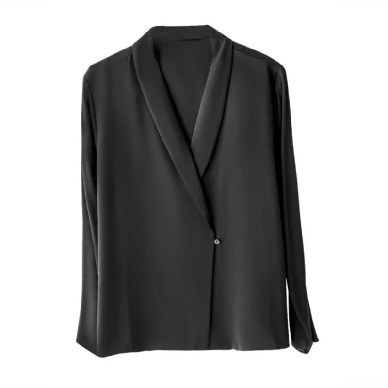 Womens Tunic V-neck solid color elegant top for spring and autumn office womens silk satin solid color black and white long sleeved womens shirt 25041