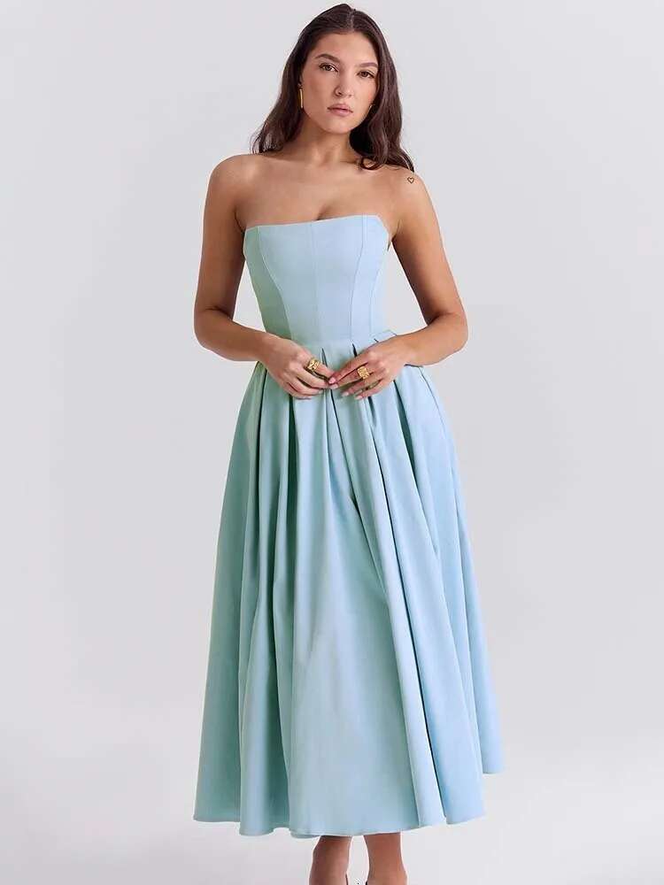 Dongdumaoyi Townlike Midi Long Pleated A Line Dress Women Spring Summer Strapless Nightclub Sexy Party Dresses