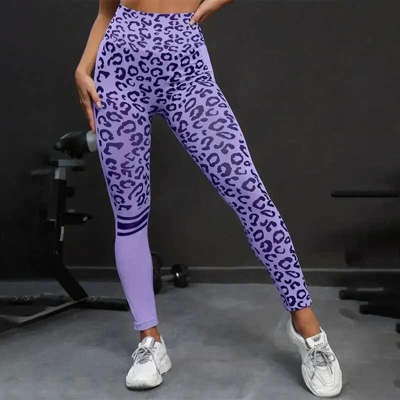 Yoga 9-minute long pants with elastic waist and abdomen tight fitting leopard print seamless quick drying fitness pantsC250425