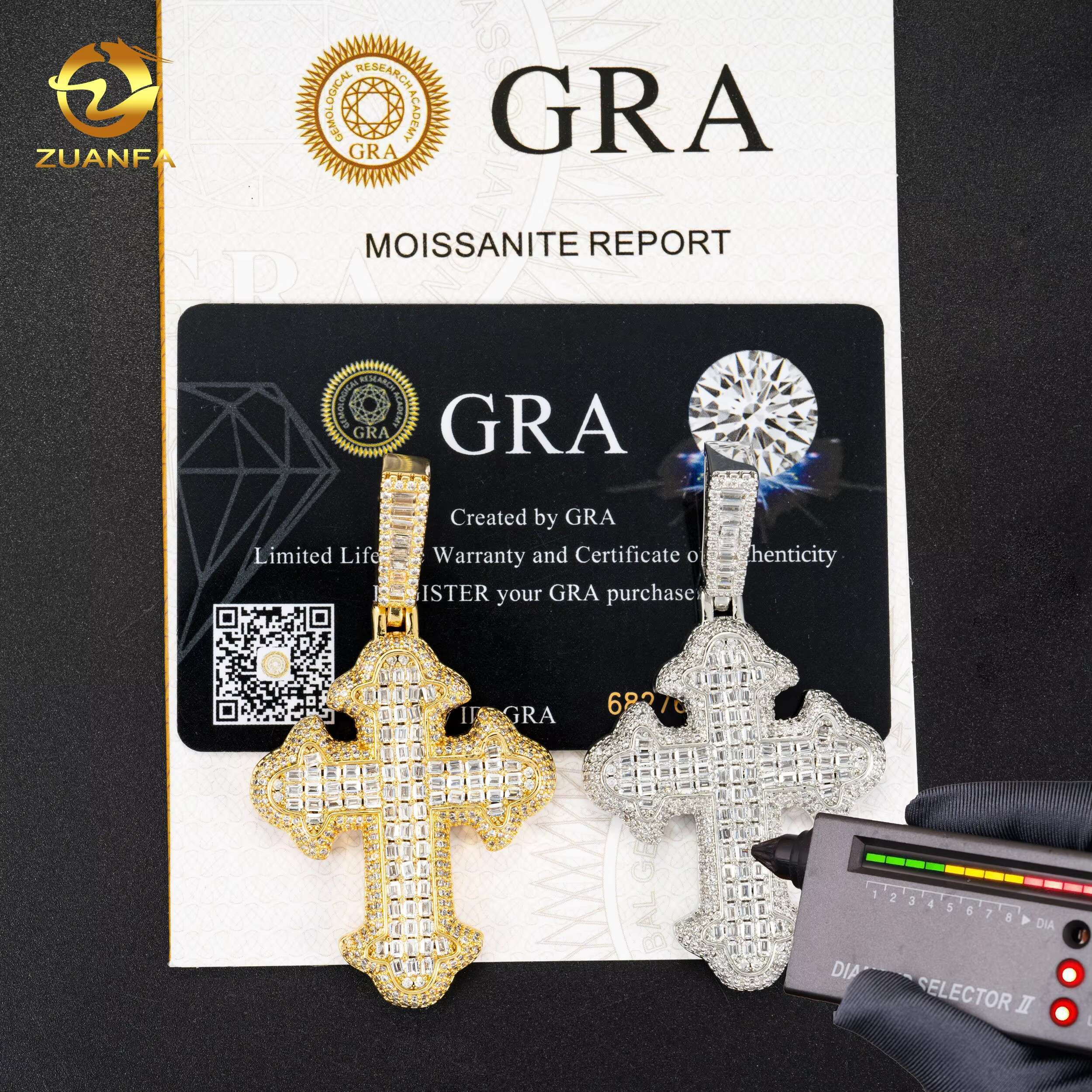 New Arrivals 925 Sterling Silver High Quality Iced Out baguette Hip Hop Lab Diamond Cross Moissanite Pendant
