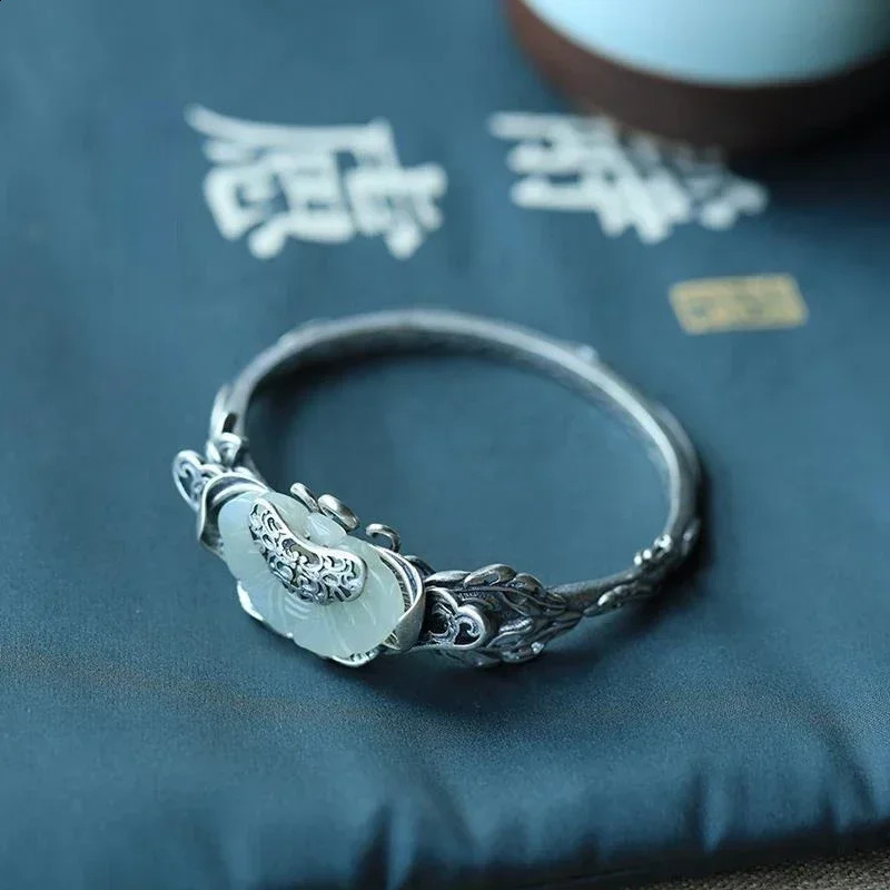 original and old handmade butterfly silver inlaid Ruyi Hetian jade open bracelet retro ladies jewelry 250424