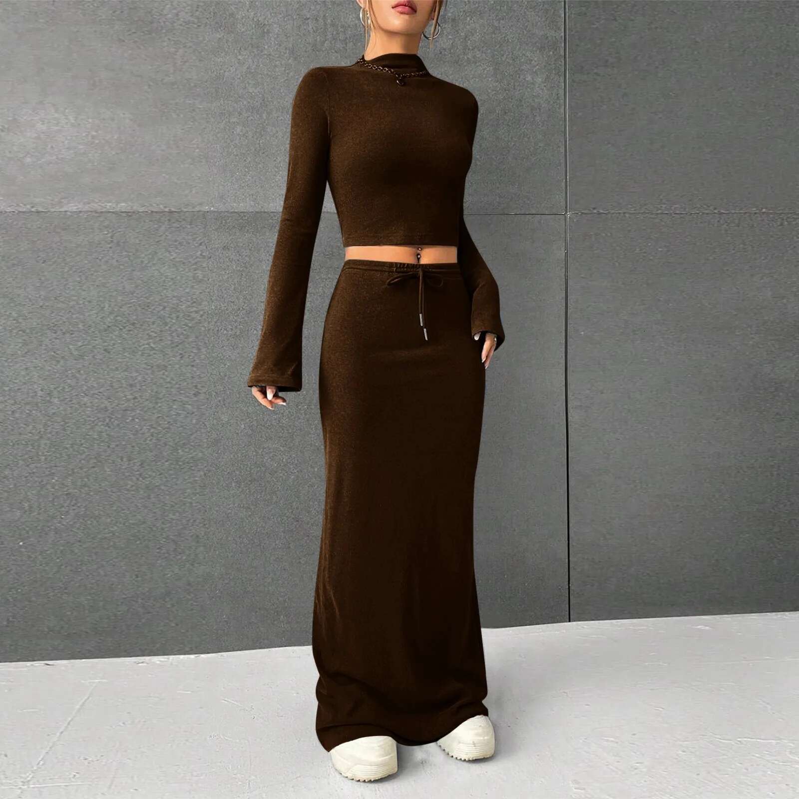 Dongdumaoyi Women Y K Piece Set Solid High Turtle Neckline Full Sleeve Slim Top Waist Skinny Long Skirt Sets Fall Sexy Suit