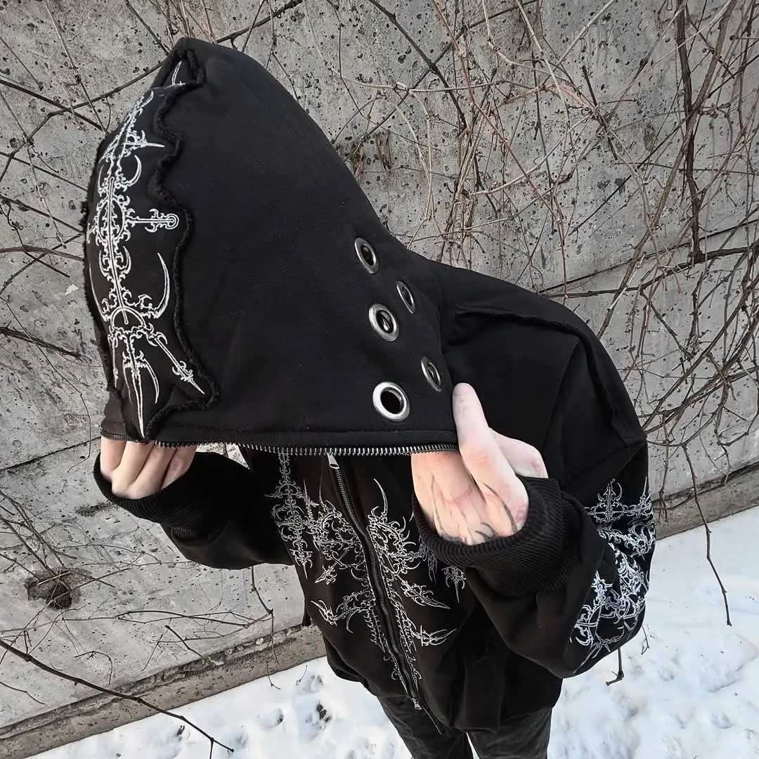 American Hot Black Gothic Line Pattern 3D Hollow Design Black Hoodie Mens Loose Street Hip Hop Trendy Clothing w250425