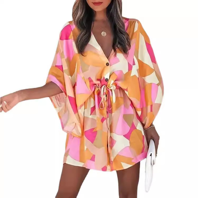 Summer Feifei sleeve V-neck lace up casual holiday dress women