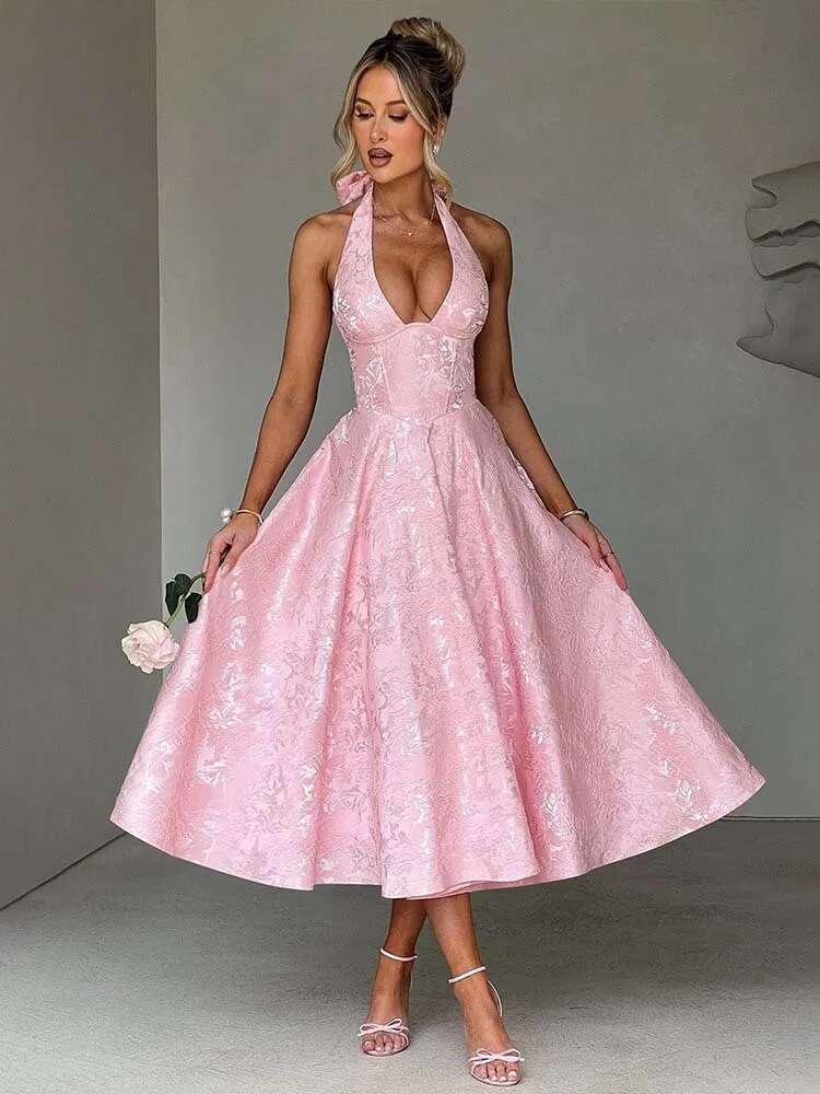 Dongdumaoyi Townlike Jacquard Elegant Waist Wrap A Line Dress Women Halter Spring Summer Midi Long Backless Sexy Party Dresses