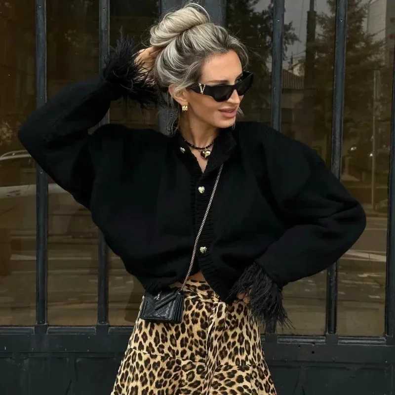 Feather Patchwork Cardigan Women Knit Fashion Single Breasted Turtleneck Loose Long Sleeve Top Sweaters Party Casual Chic CoatT251125