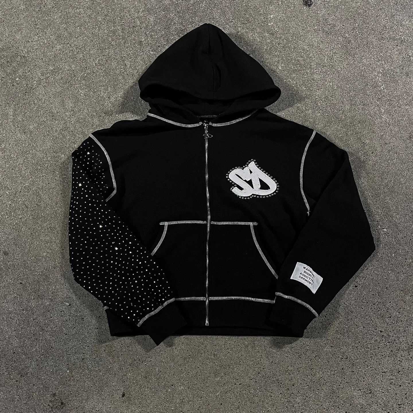 Streetwear American retro embroidery personalized sparkling diamond super large hooded sweatshirt womens Y2K new Harajuku Gothic casual sportswear w25