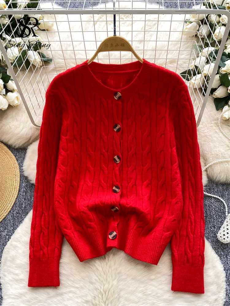 SINGREINY Female Autumn Christmas Sweater Soft O Neck Long Sleeve Buttons Simple Tops Twist Drill 2025 Warm Knitting CardiganT251125