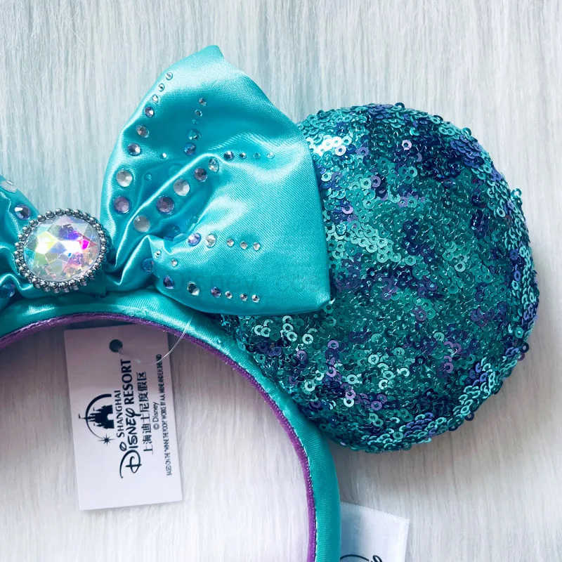 Disney Mermaid Ariel Headband Adult/Children Disneyland Mickey Emerald Green Sparkling Bow Female Minnie Ears X250425