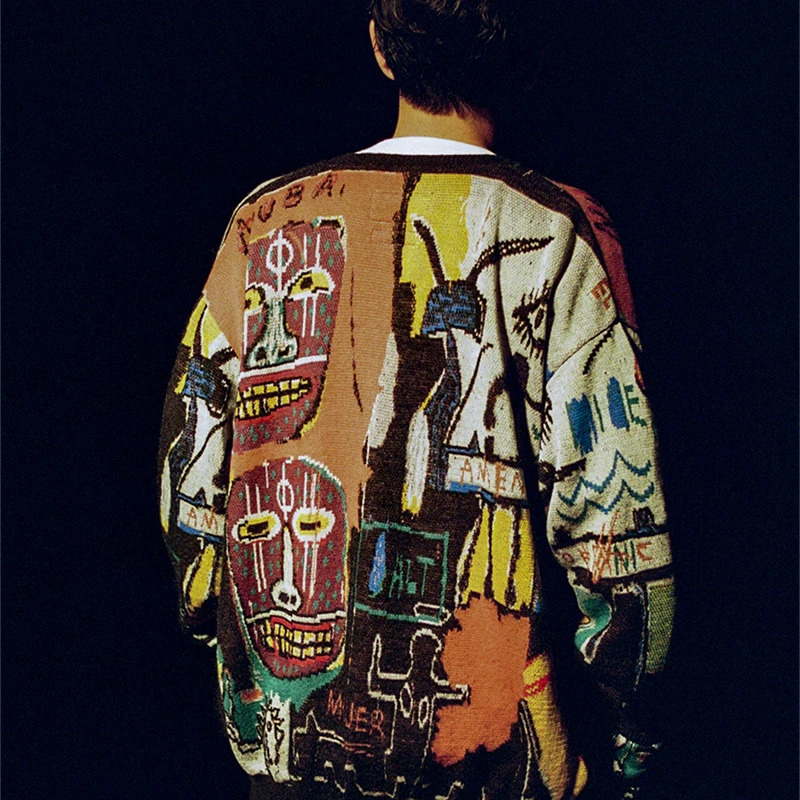 Streetwear Graffiti Cartoon Pullover Mens Sweater Long Sleeve Casual Patchwork Baggy Knitted Clothes Oversized Crew Neck Tops 251124