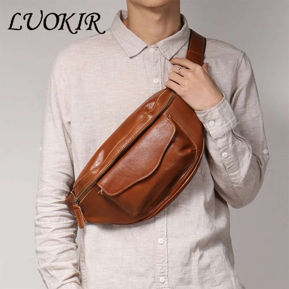 LUOKIR Retro Men's Chest Vegetable Tanned Leather Casual Crossbody Bag, Cowhide Shoulder Bag
