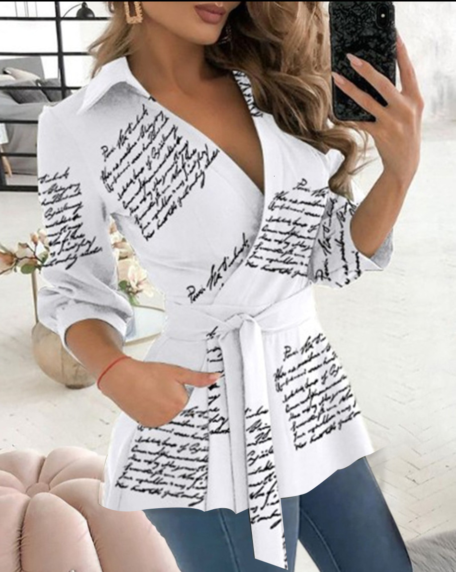 2023 Autumn New Printed Long Sleeve V-neck Belt Shirt for Women