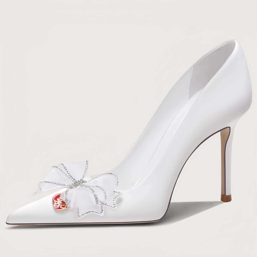 Spring and summer new pointed shallow satin crystal bride wedding thin high-heeled banquet dress small size women's shoes