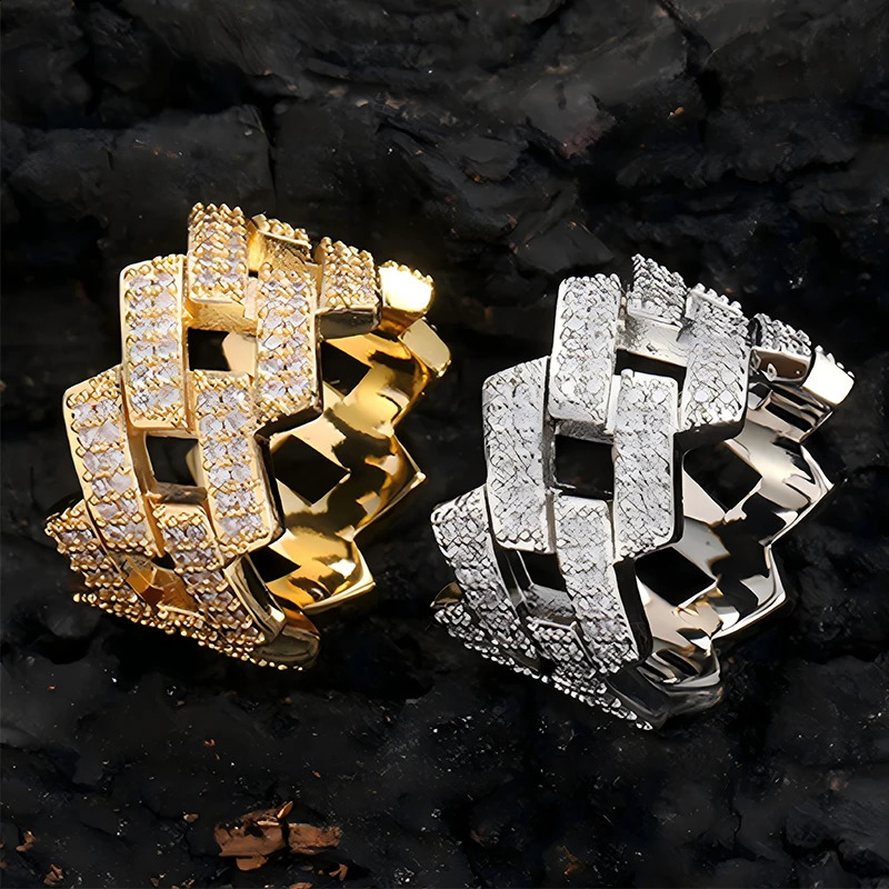 TrendMen Hiphop Rock Cuban Link Chain Zirconia Copper Rings For Men Boys Gold Color Metal Crystal Fingers Party Jewelry Gifts 250425