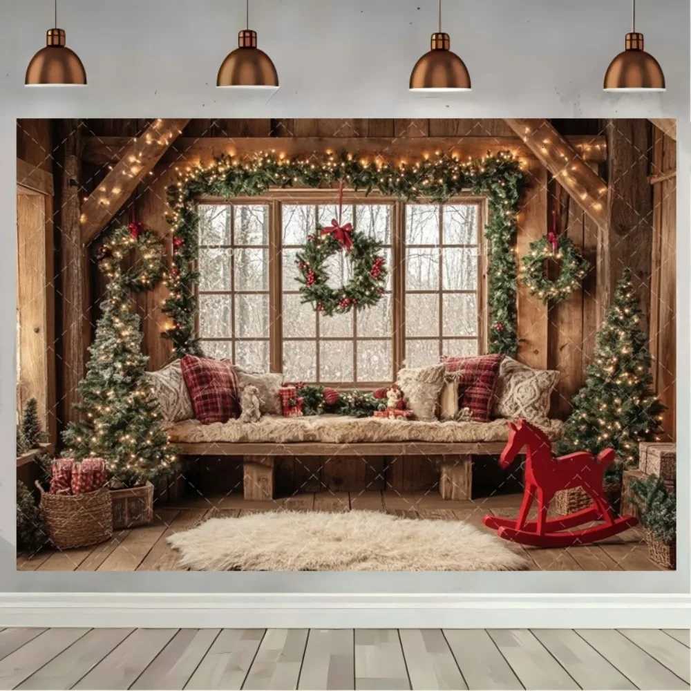 Christmas Party Decor Backdrop Wood Indoor Window Gifts Xmas Tree Kids Family Portrait Photography Background for Photo StudioM251125