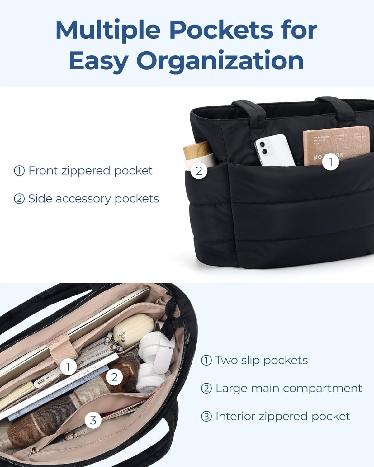 Women, Lightweight Puffy Tote With Compartments, Quilted Shoulder Bag Handbag For Travel, Work
