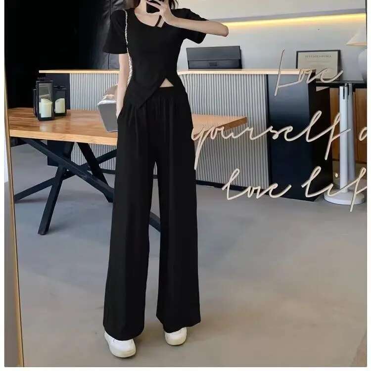 Summer New High-End Niche Irregular Fashion Suit Loose High Waist Slim Fit Fashionable Wide Leg Pants Two-Piece Set