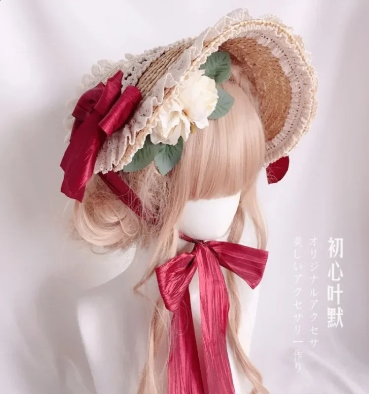 Lolita Girls Elegant Lace Flowers Straw Hat Multi Colored Bonnet Flat Hat 250420
