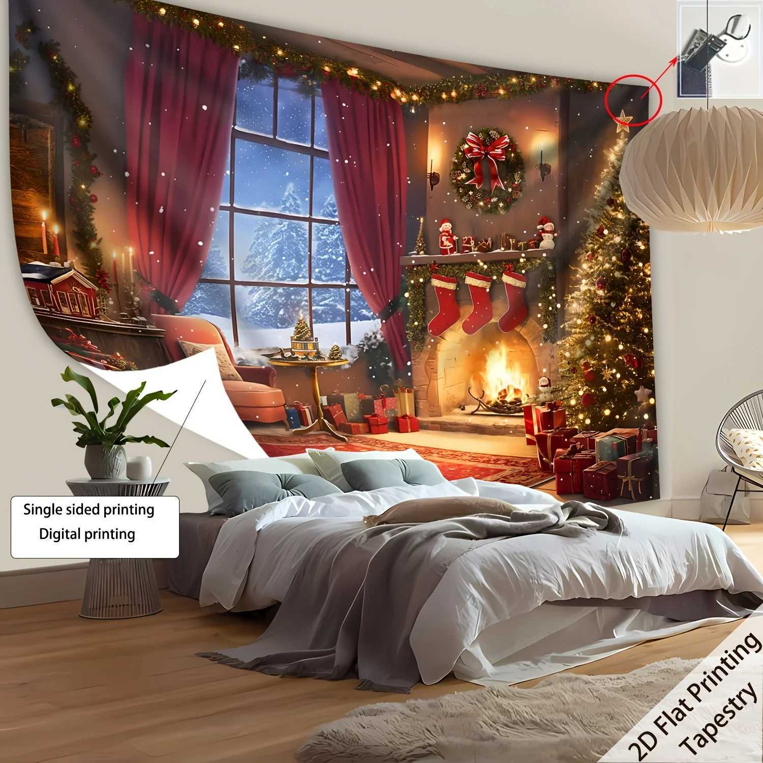 tapestry2D Flat Printing1pcs Christmas Tree Fireplace Gifts Tapestry Christmas Day Large Size Decorative Hanging Cloth HoliM251125